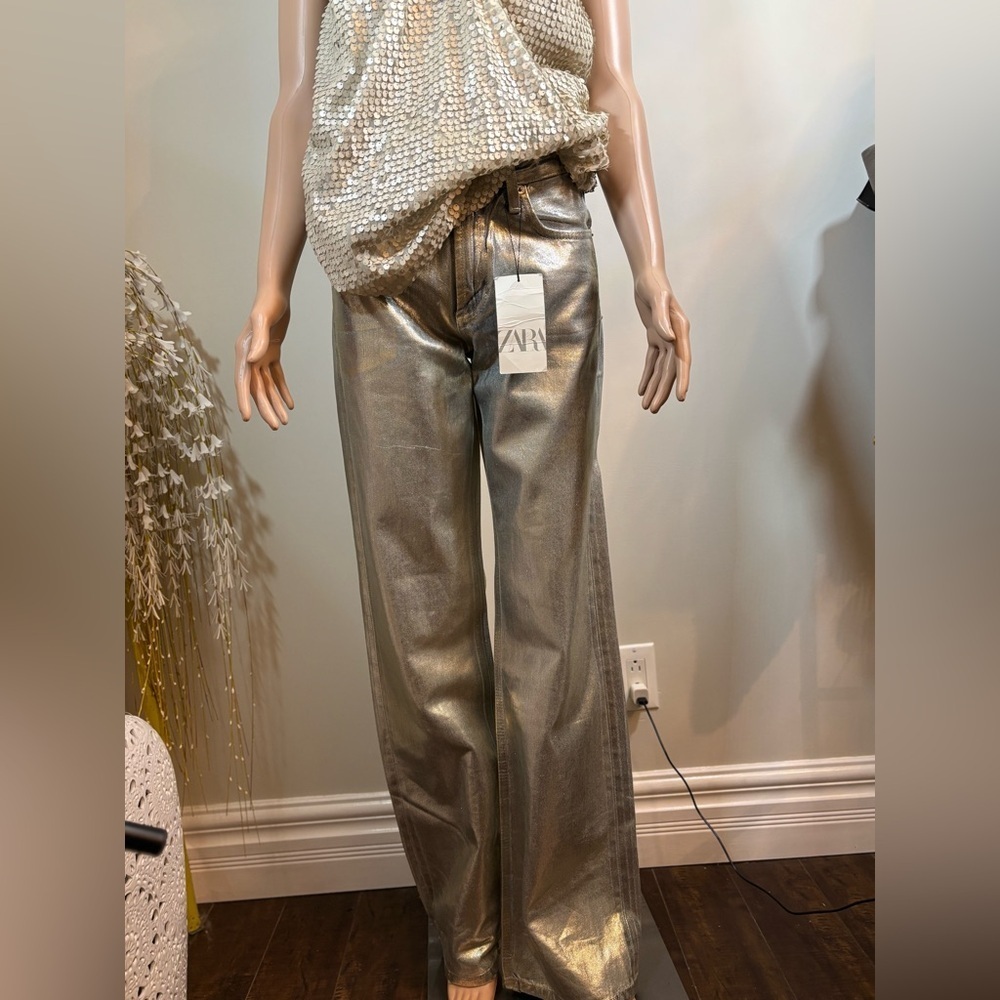 NWT ZARA MID WAIST TRF WIDE LEG FOIL WOMEN JEANS Size 4 - Picture 3 of 15